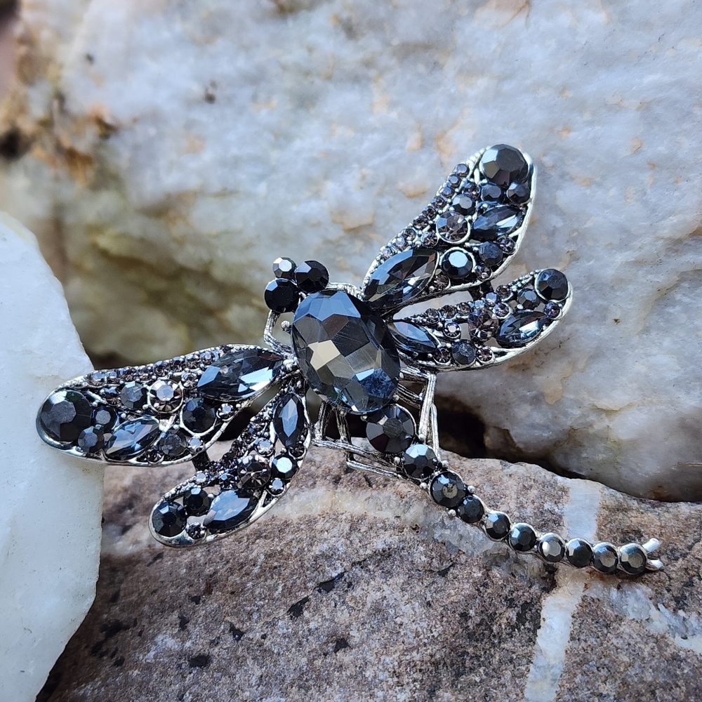 Large Dragonfly Silver Brooch Pendant Bright Black Crystals